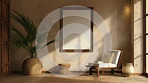 Blank brown poster frame mock up template, room interior in fusion style with gray concrete walls and wooden bench. Rays