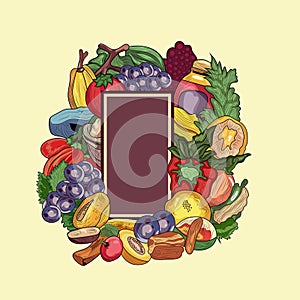 Blank Brown Vertical Banner or Board Surrounding Vegetables and Fruit and Space