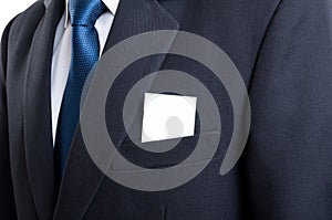 Blank business card in business man suit jacket pocket