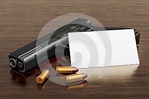 Blank business card for gun shop or firearm store on the wooden desk background. 3D rendering