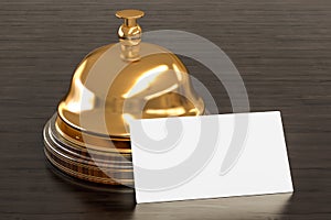 Blank business card for hotels on the wooden desk background. 3D rendering