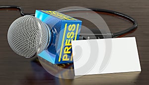 Blank business card for journalist or tv correspondent on the wooden desk background. 3D rendering