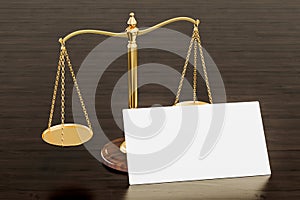 Blank business card for lawyer, law firm or notary on the wooden desk background. 3D rendering