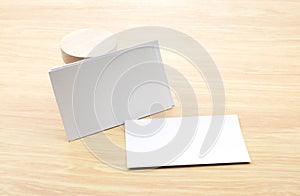 Blank Business card Mock up with blank wooden round piece, Business corporate identity presentation, Clipping path on business ca