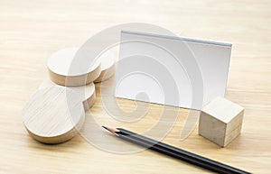 Blank Business card Mock up with blank wooden round piece and pe
