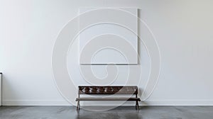 A blank canvas hanging on a crisp white wall inviting viewers to envision their own interpretation of the piece. .