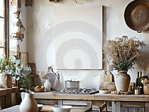 Blank canvas mockup in the rustic kitchen interior