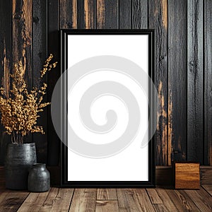 Blank Canvas Modern Black Frame Mockup on Rustic Wood