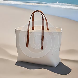 A blank canvas tote bag on a beach with customizable accessories1