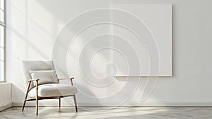 Blank canvas on a wall with sunlight and chair