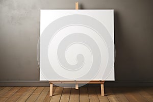 Blank Canvas on Wooden Easel against Gray Wall