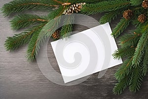 Blank card branches Christmas tree wooden board. Generate Ai