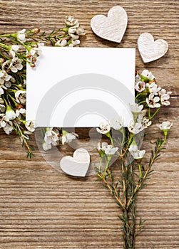 Blank card among chamelaucium flowers waxflower on wood