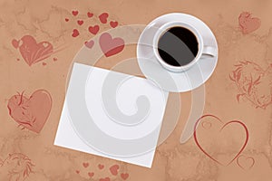 Blank card and coffee cup with space for your text. Vintage style