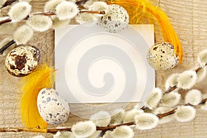 Blank card for easter greetings on wooden plank with eggs