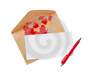 Blank card, envelope and pen on white background, top view. Valentine`s Day celebration