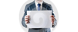 Blank card template. Business man hold template blank board on white background. Empty cardboard.