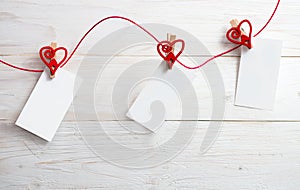 Blank card for text with clothespins hearts.Symbol of love.