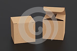 Blank cardboard cube gift box with open and closed hinged flap lid on black background