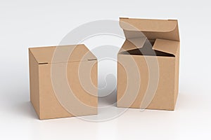 Blank cardboard cube gift box with open and closed hinged flap lid on white background.