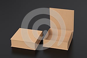Blank cardboard flat square gift box with open and closed hinged flap lid on black background.