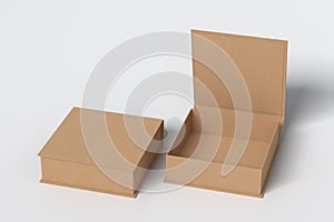 Blank cardboard flat square gift box with open and closed hinged flap lid on white background. Clipping path around box mock up.
