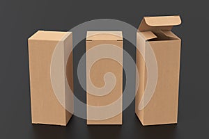 Blank cardboard tall and slim gift box with open and closed hinged flap lid on black background.