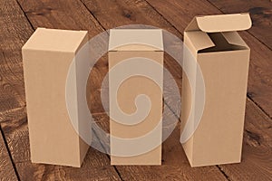 Blank cardboard tall and slim gift box with open and closed hinged flap lid on dark wooden background.