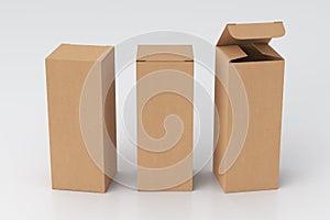 Blank cardboard tall and slim gift box with open and closed hinged flap lid on white background. Clipping path around box mock up.