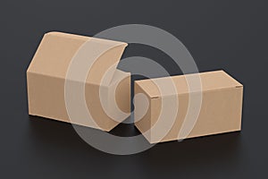 Blank cardboard wide box with open and closed hinged flap lid on black background.