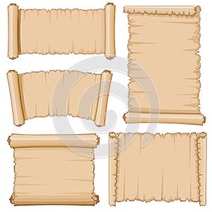 Blank cartoon old scrolls of papyrus paper vector set