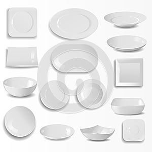 Blank ceramic plates set realistic kitchen dishes template cooking dishware round empty tableware vector illustration.