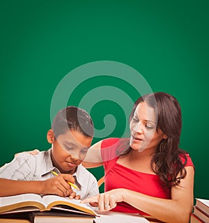 Blank Chalk Board Behind Hispanic Young Boy and Female Adult