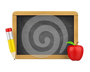 Blank Chalkboard with Pencil and Apple Isolated