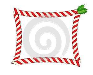 Blank Christmas border, candy cane frame with branch of holly berry Isolated on white background. Holiday design,  Vector