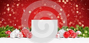 Blank Christmas card laying on red baubles and gift 3D rendering