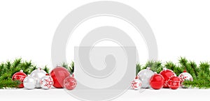 Blank Christmas card laying on red baubles isolated 3D rendering