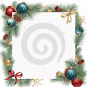 blank christmas frame with fir branches and balls, illustrated, white background, ai generated