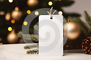 Blank christmas gift tag on blurred christmas tree background with bokeh