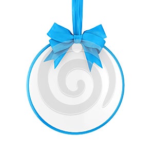 Blank Circle Sale Tag with Blue Ribbon and Bow. 3d Rendering