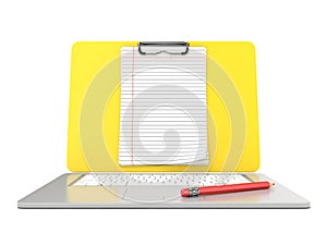 Blank clipboard lined paper on laptop. Front view. 3D render