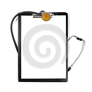 Blank clipboard with stethoscope isolated on white