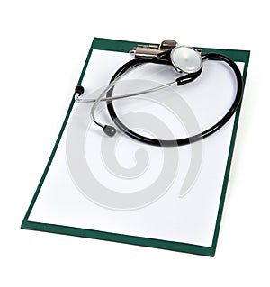 Blank clipboard with stethoscope on white