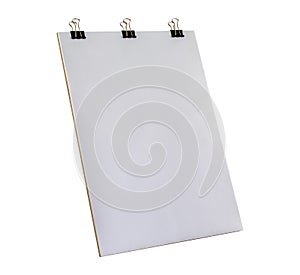 Blank clipboard surface. Clipboard with empty A4 size papers and black paper binder clips. Isolated on white background.