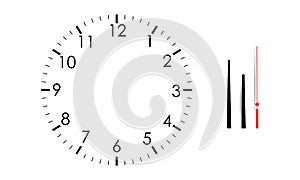 Blank clock face mock up with hour, minute and second hands, isolated on white background