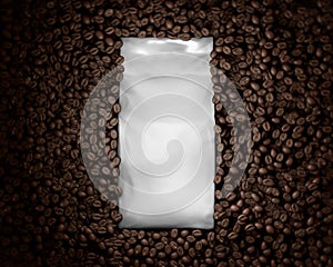 Blank Coffee Bag Mockup,  on a coffee beans background