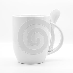 Blank coffee mug and spoon on modern white backdrops. Empty tea cup for your design