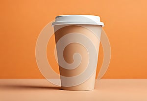 Blank coffee paper cup on the table. Mockup of coffee paper cup. Isolated on orange background, v12