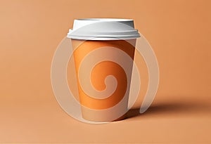 Blank coffee paper cup on the table. Mockup of coffee paper cup. Isolated on orange background, v15