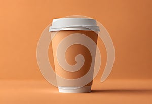 Blank coffee paper cup on the table. Mockup of coffee paper cup. Isolated on orange background, v6